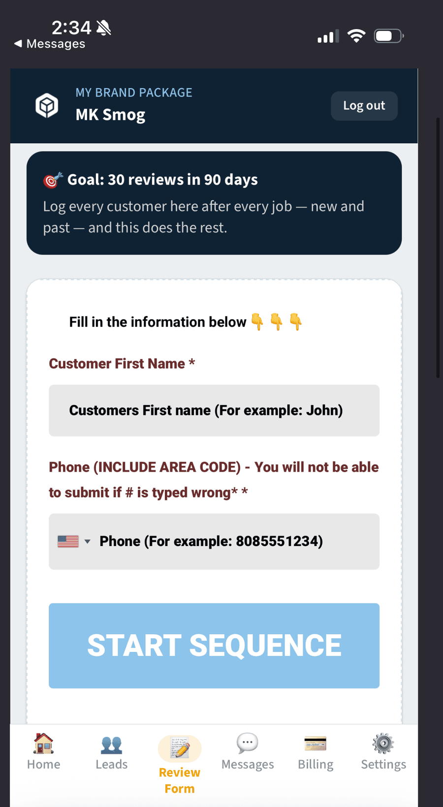 The review request form: customer first name, phone number, and a Start Sequence button